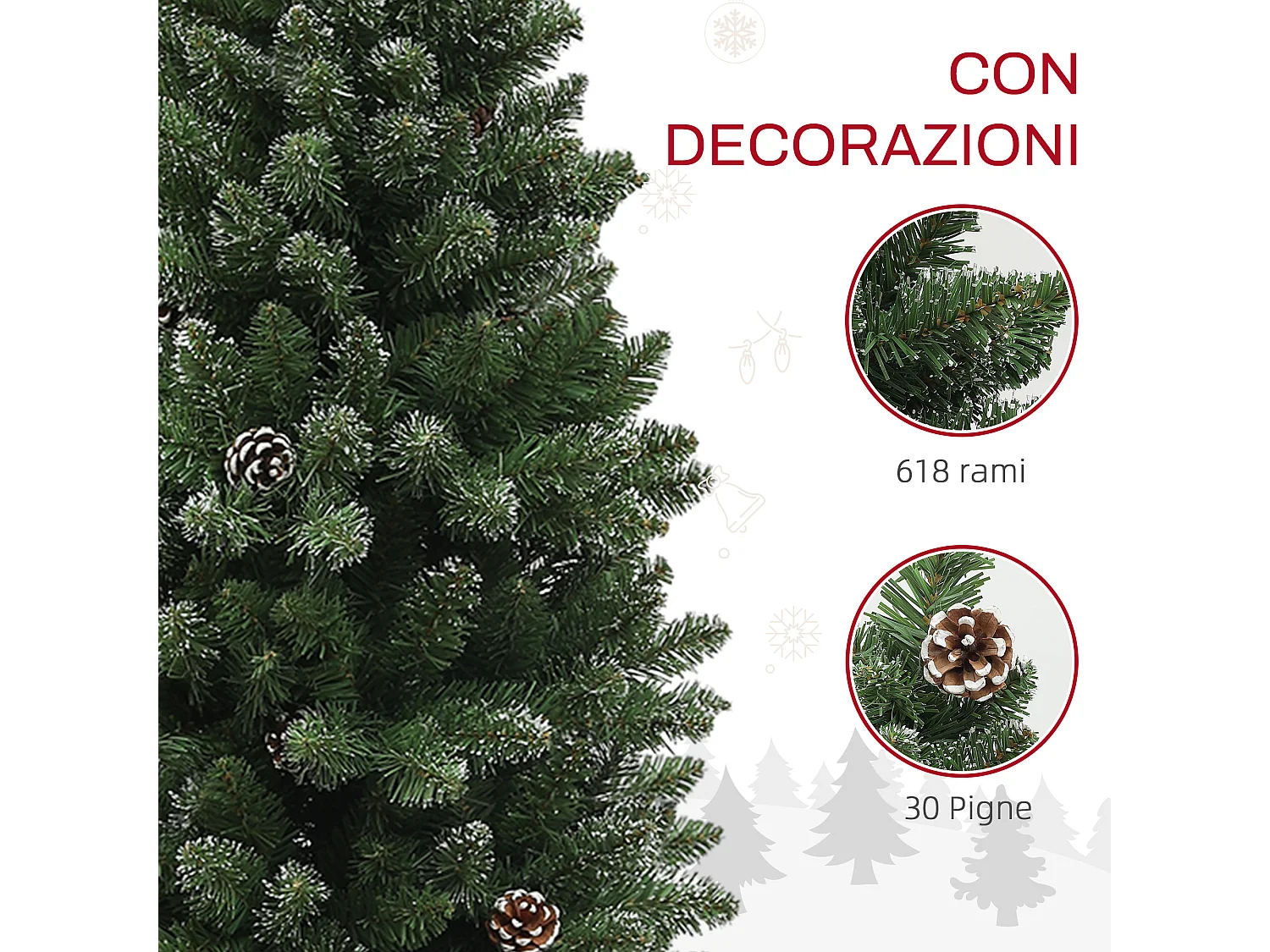 Albero di natale innevato alto 180cm con pigne e base in acciaio
