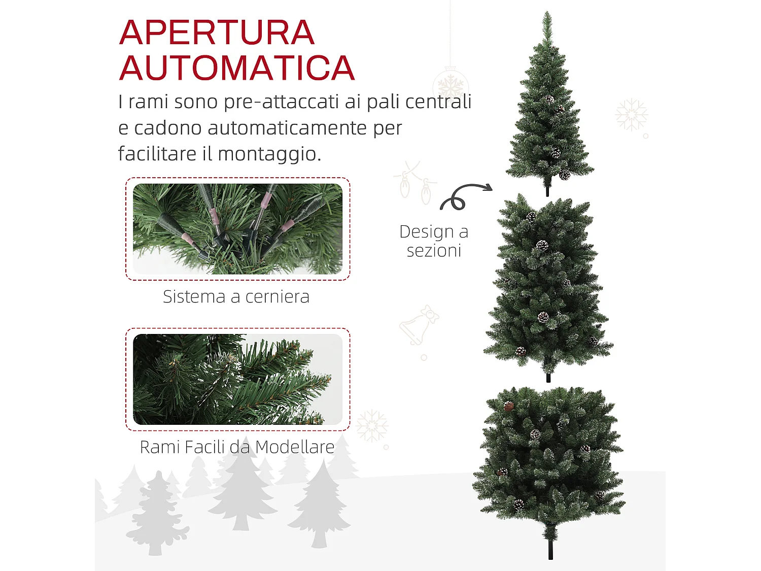Albero di natale innevato alto 180cm con pigne e base in acciaio