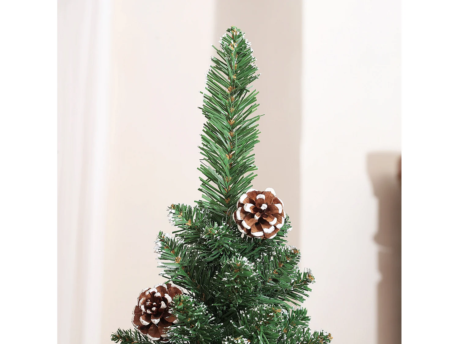 Albero di natale innevato alto 180cm con pigne e base in acciaio