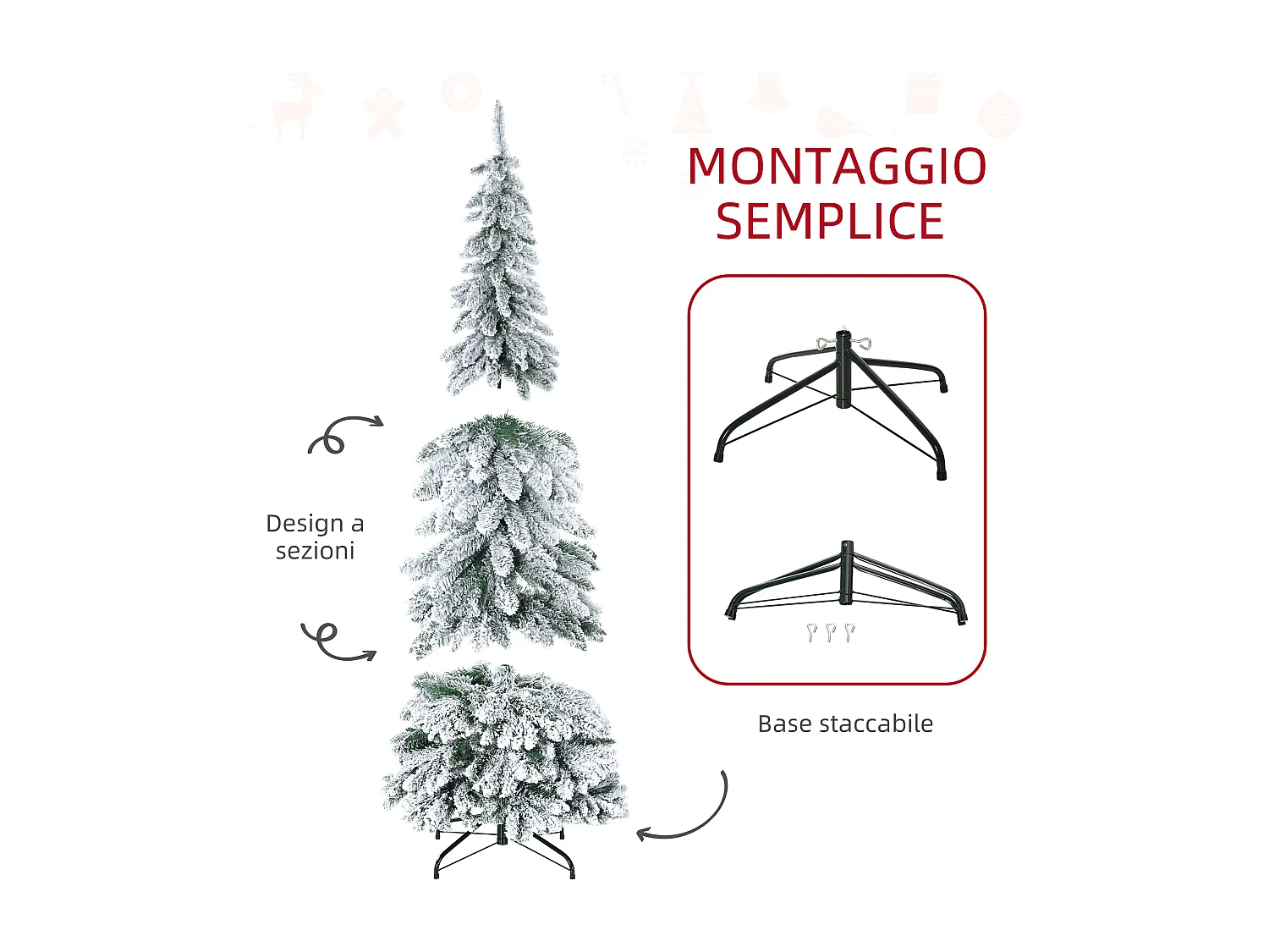 Albero di natale 180cm innevato con 523 rami e base in acciaio