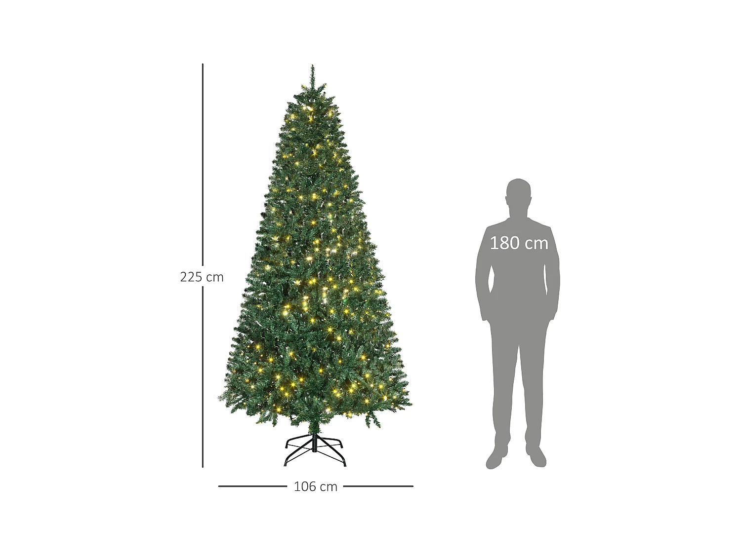 Albero di natale artificiale 225cm 450 luci 1146 rami e base