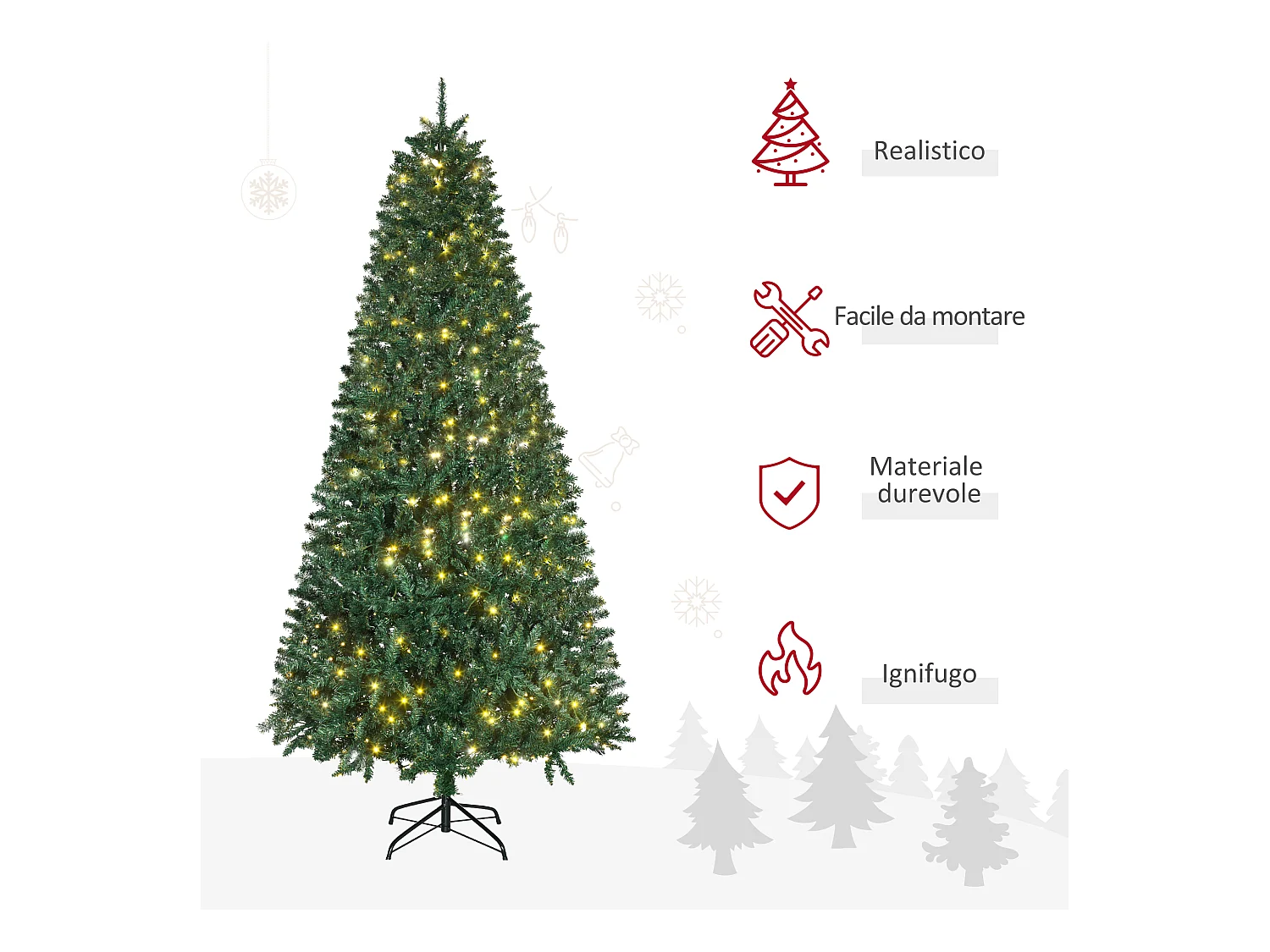Albero di natale artificiale 225cm 450 luci 1146 rami e base