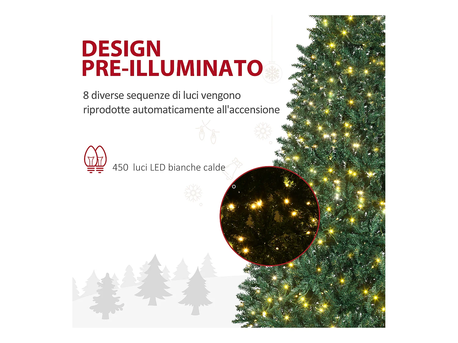 Albero di natale artificiale 225cm 450 luci 1146 rami e base