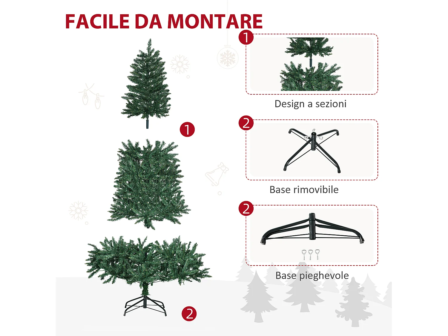 Albero di natale artificiale 225cm 450 luci 1146 rami e base