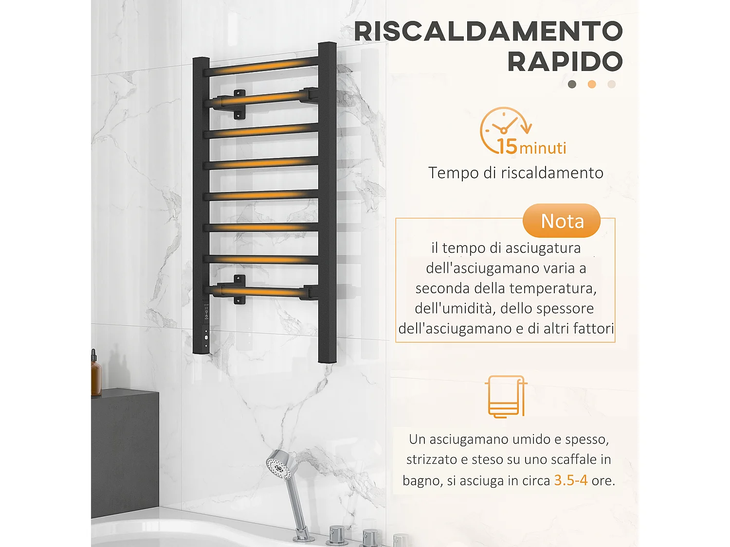 Scaldasalviette bagno elettrico 150W con 8 barre e timer nero