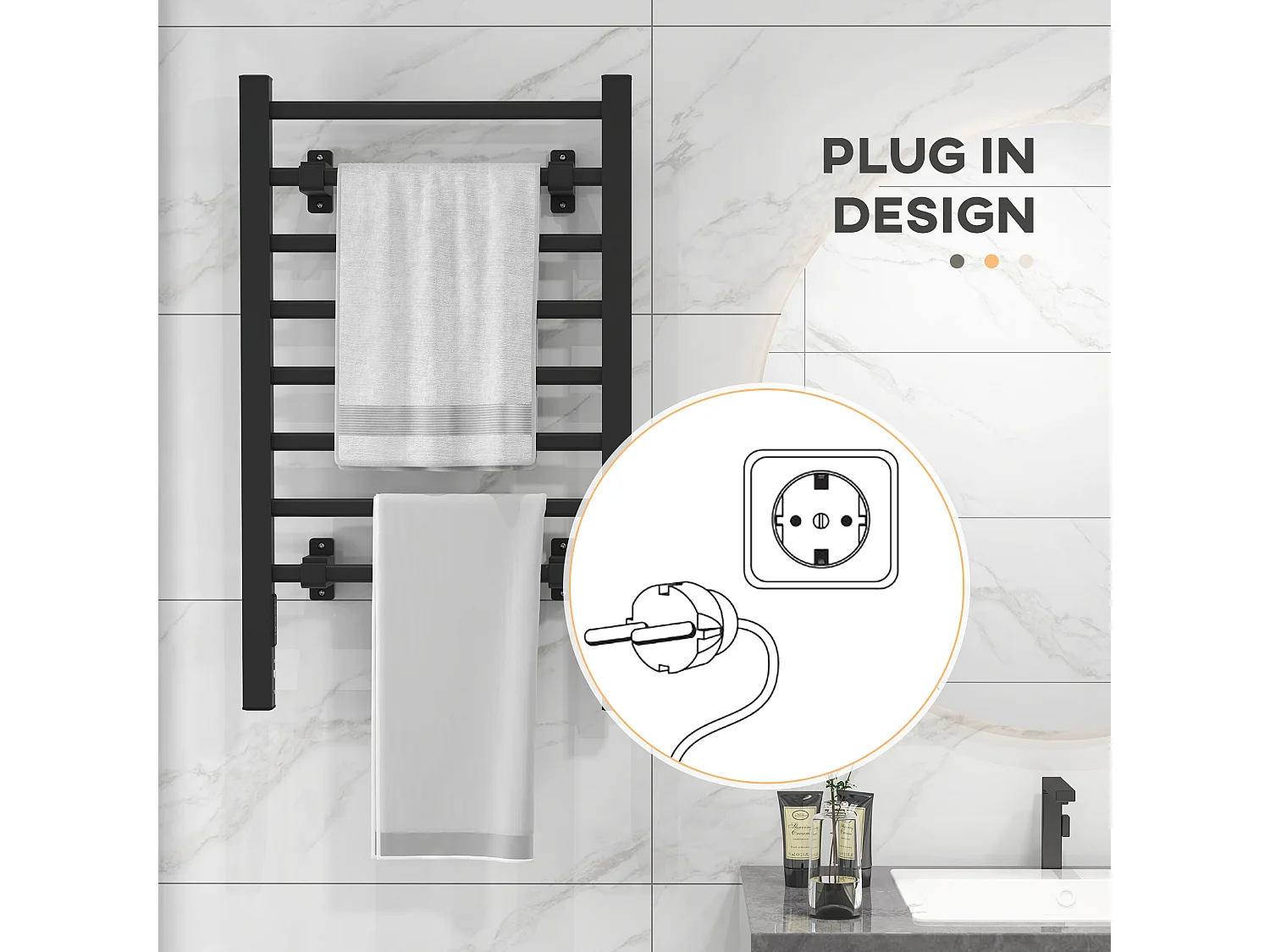 Scaldasalviette bagno elettrico 150W con 8 barre e timer nero