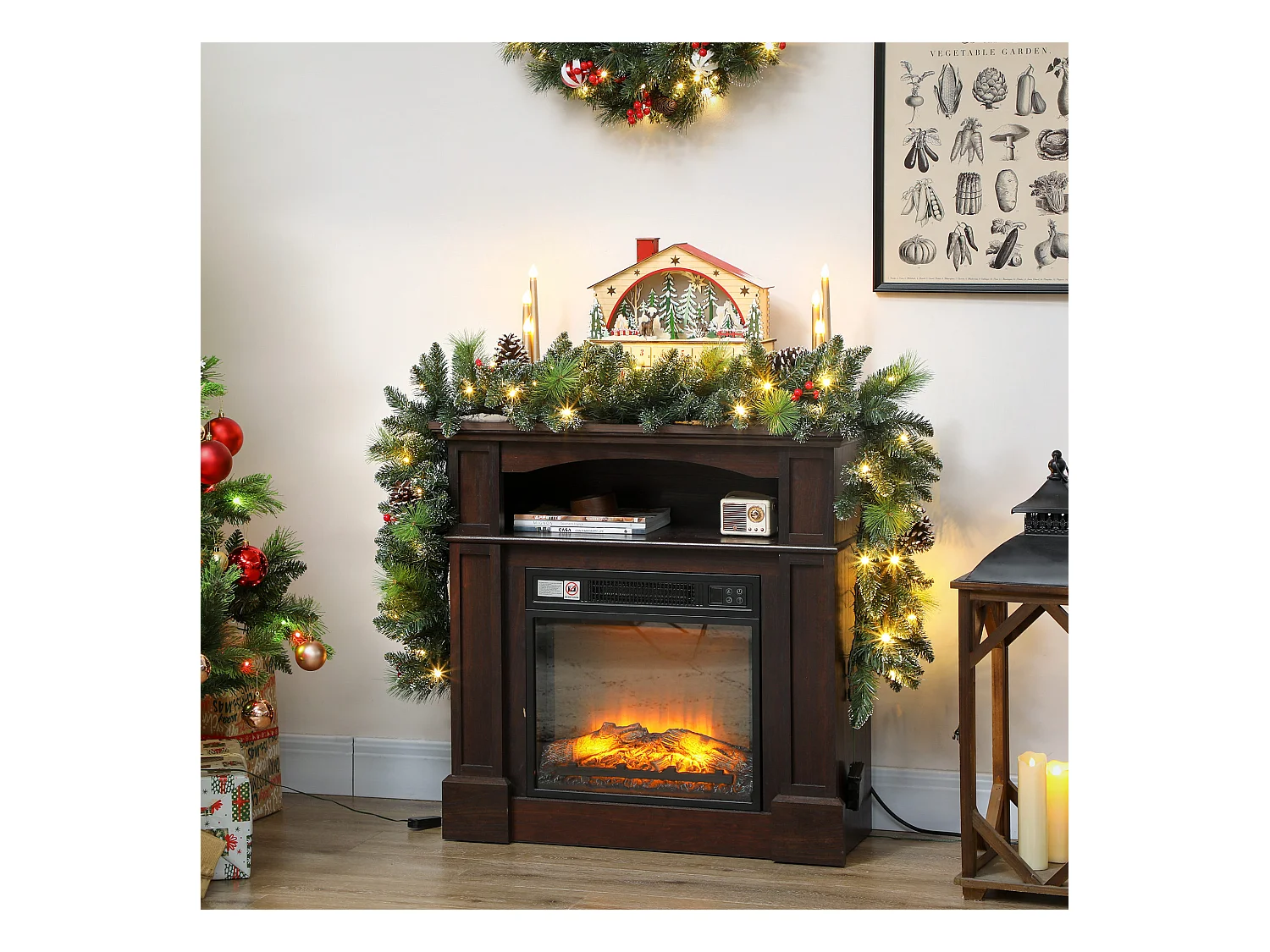 Ghirlanda natalizia da 180 cm innevata con luci pigne e bacche