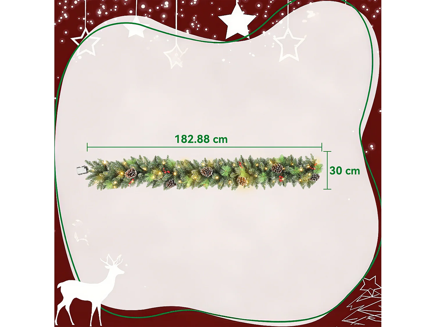 Ghirlanda natalizia da 180 cm innevata con luci pigne e bacche