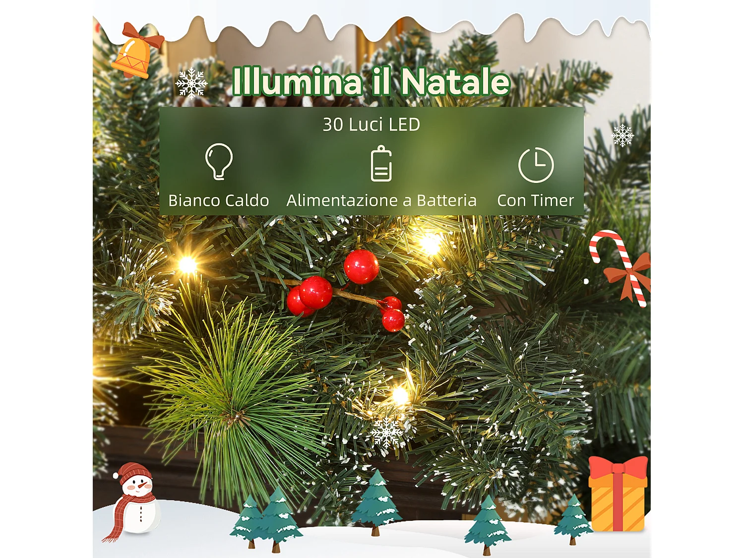 Ghirlanda natalizia da 180 cm innevata con luci pigne e bacche