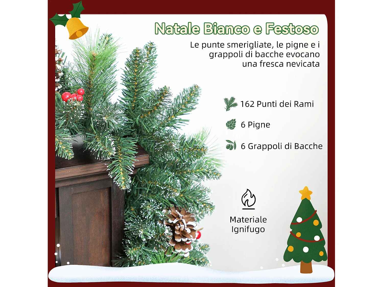 Ghirlanda natalizia da 180 cm innevata con luci pigne e bacche