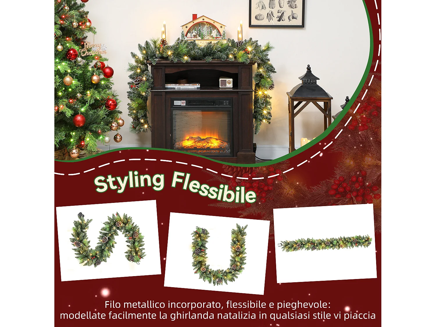 Ghirlanda natalizia da 180 cm innevata con luci pigne e bacche