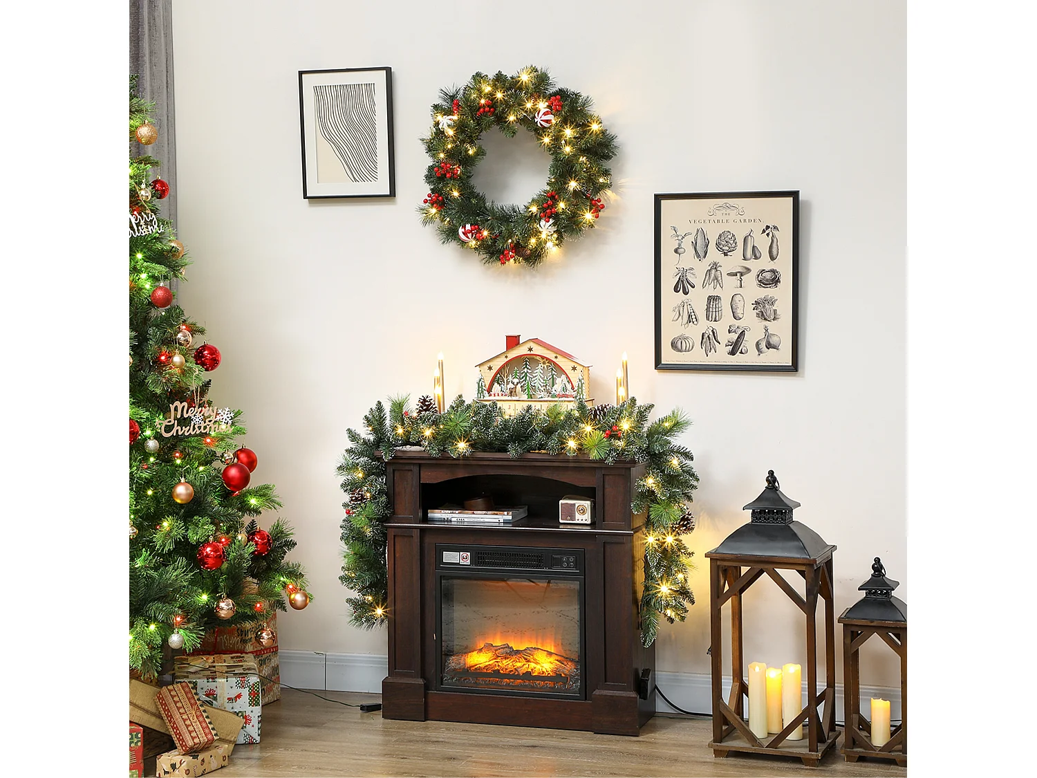 Ghirlanda natalizia da 180 cm innevata con luci pigne e bacche