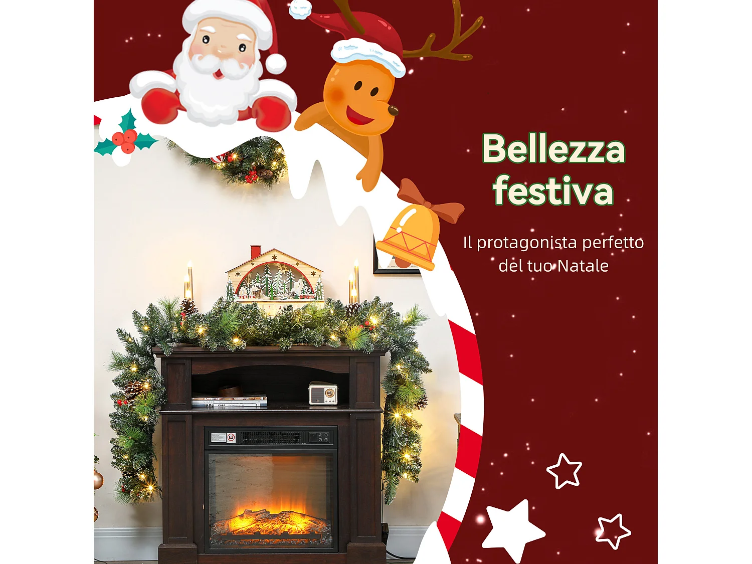 Ghirlanda natalizia da 180 cm innevata con luci pigne e bacche