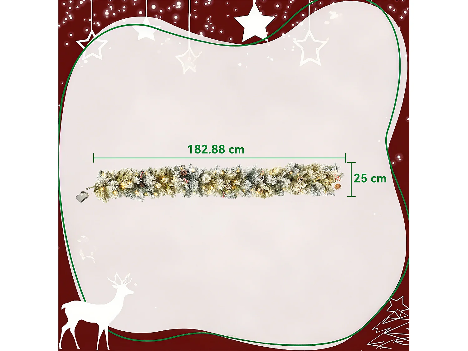 Ghirlanda natalizia Ø25x180 cm con 50 luci led, bacche e pigne