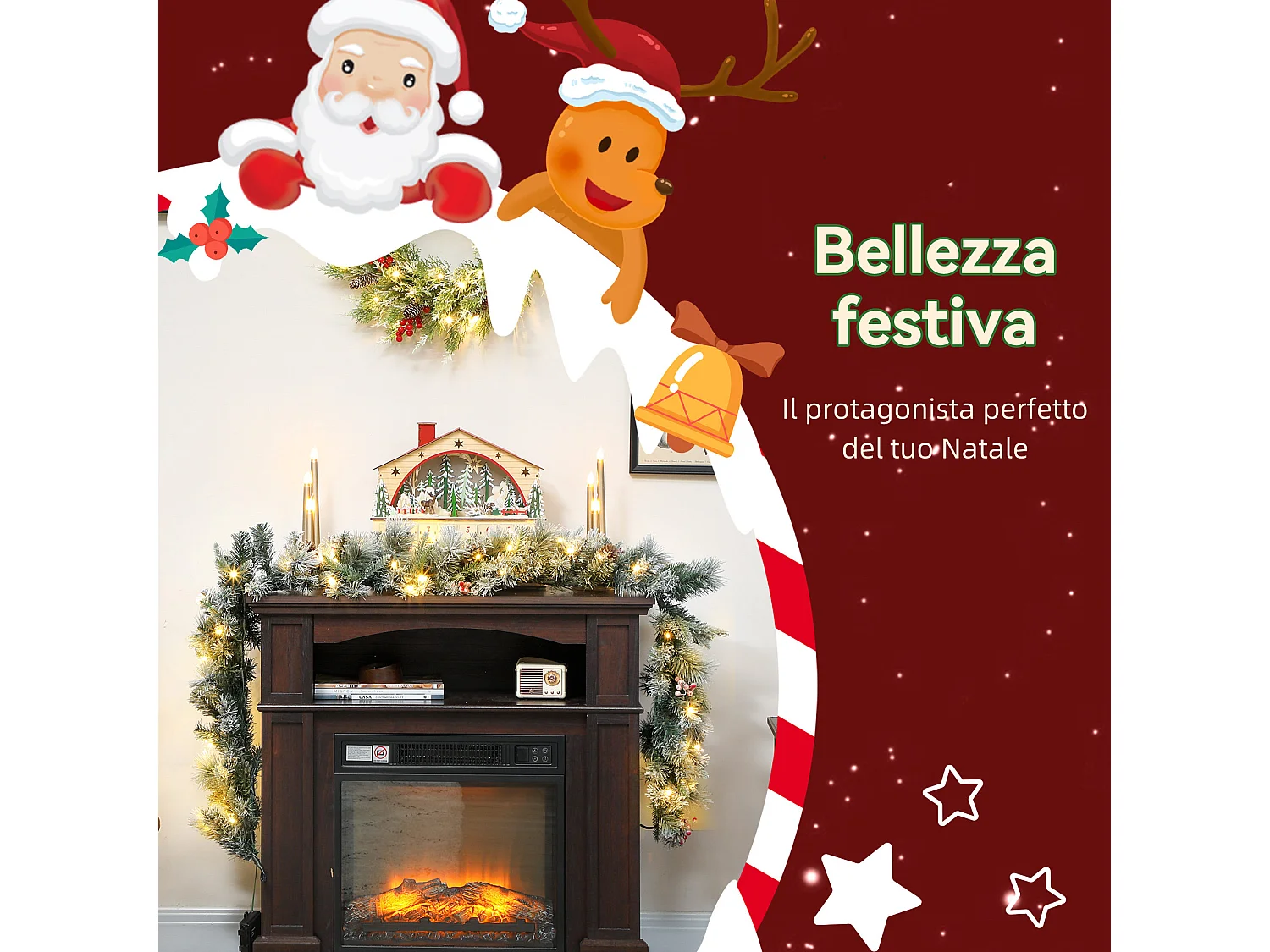 Ghirlanda natalizia Ø25x180 cm con 50 luci led, bacche e pigne