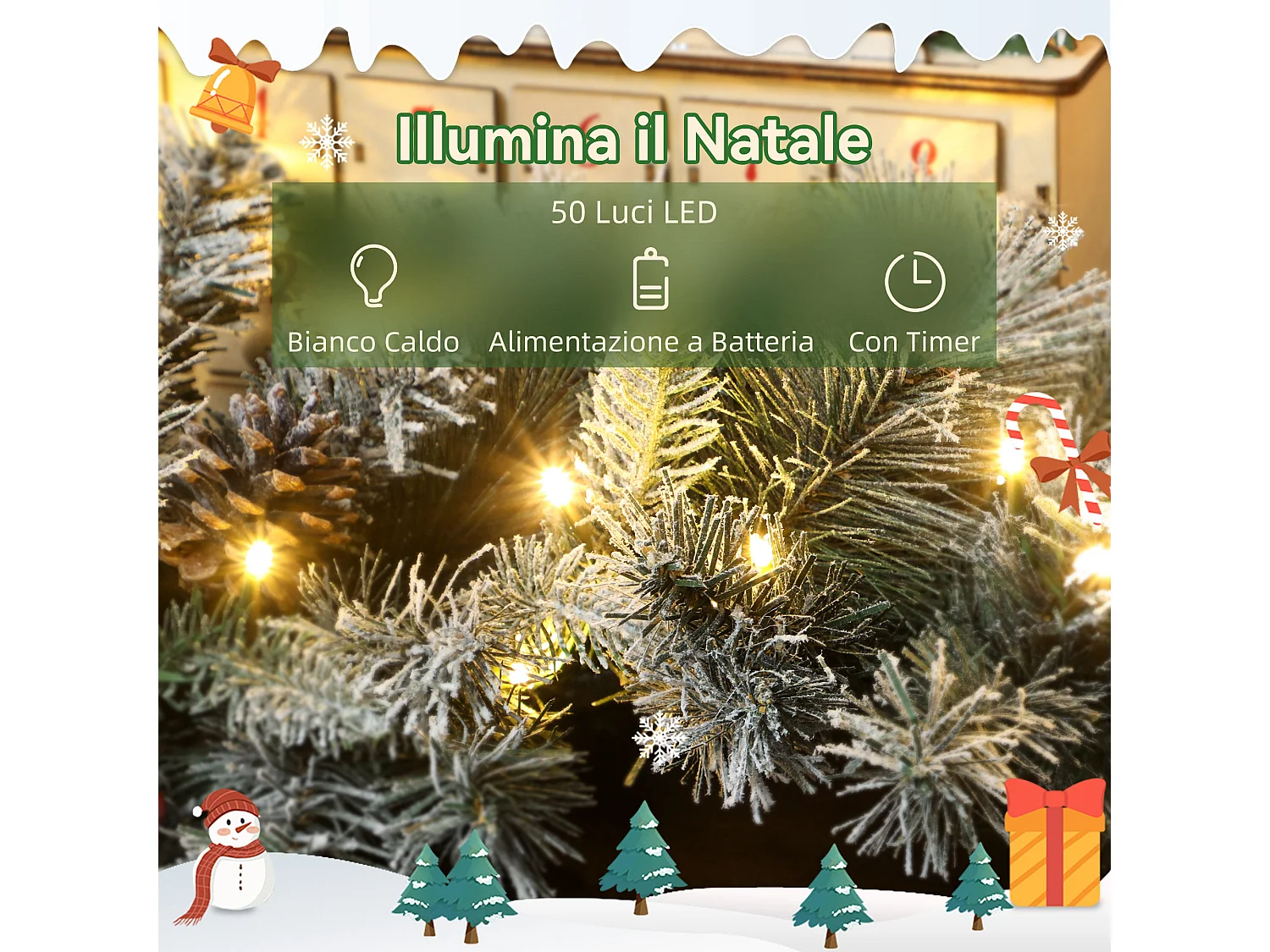 Ghirlanda natalizia Ø25x180 cm con 50 luci led, bacche e pigne