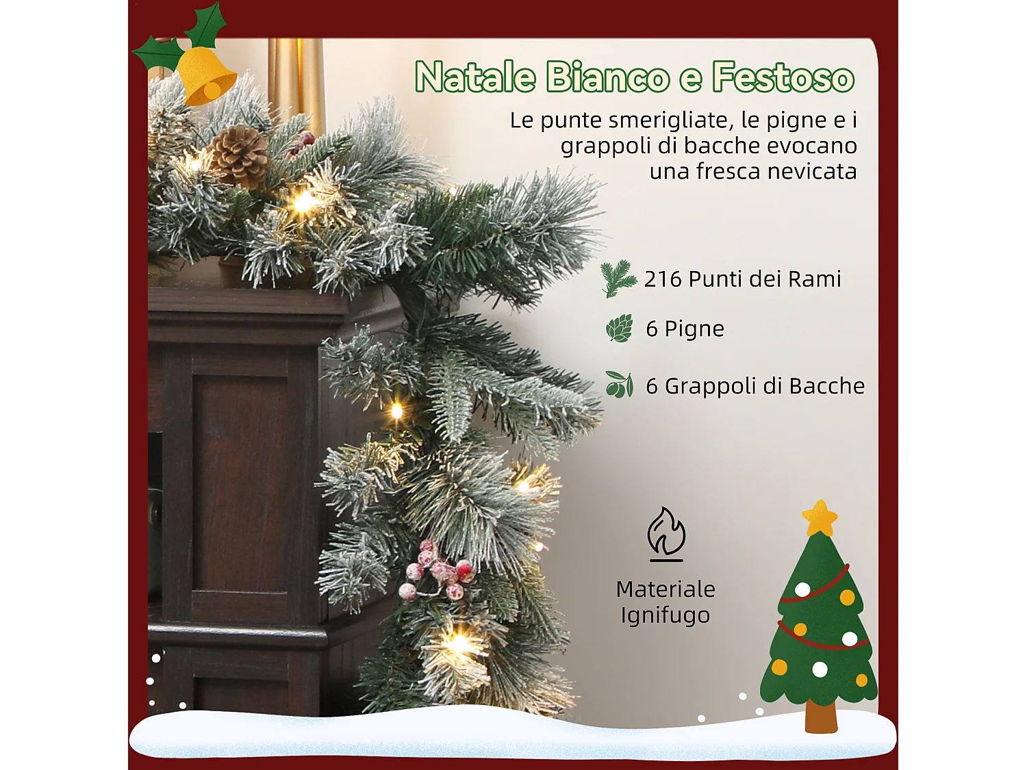 Ghirlanda natalizia Ø25x180 cm con 50 luci led, bacche e pigne