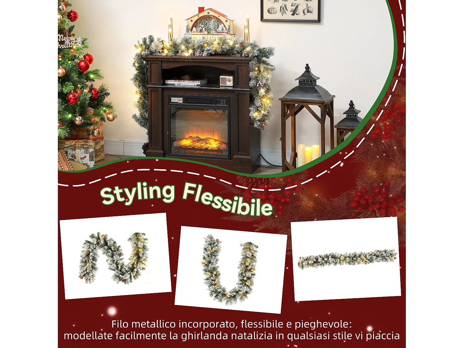 Ghirlanda natalizia Ø25x180 cm con 50 luci led, bacche e pigne