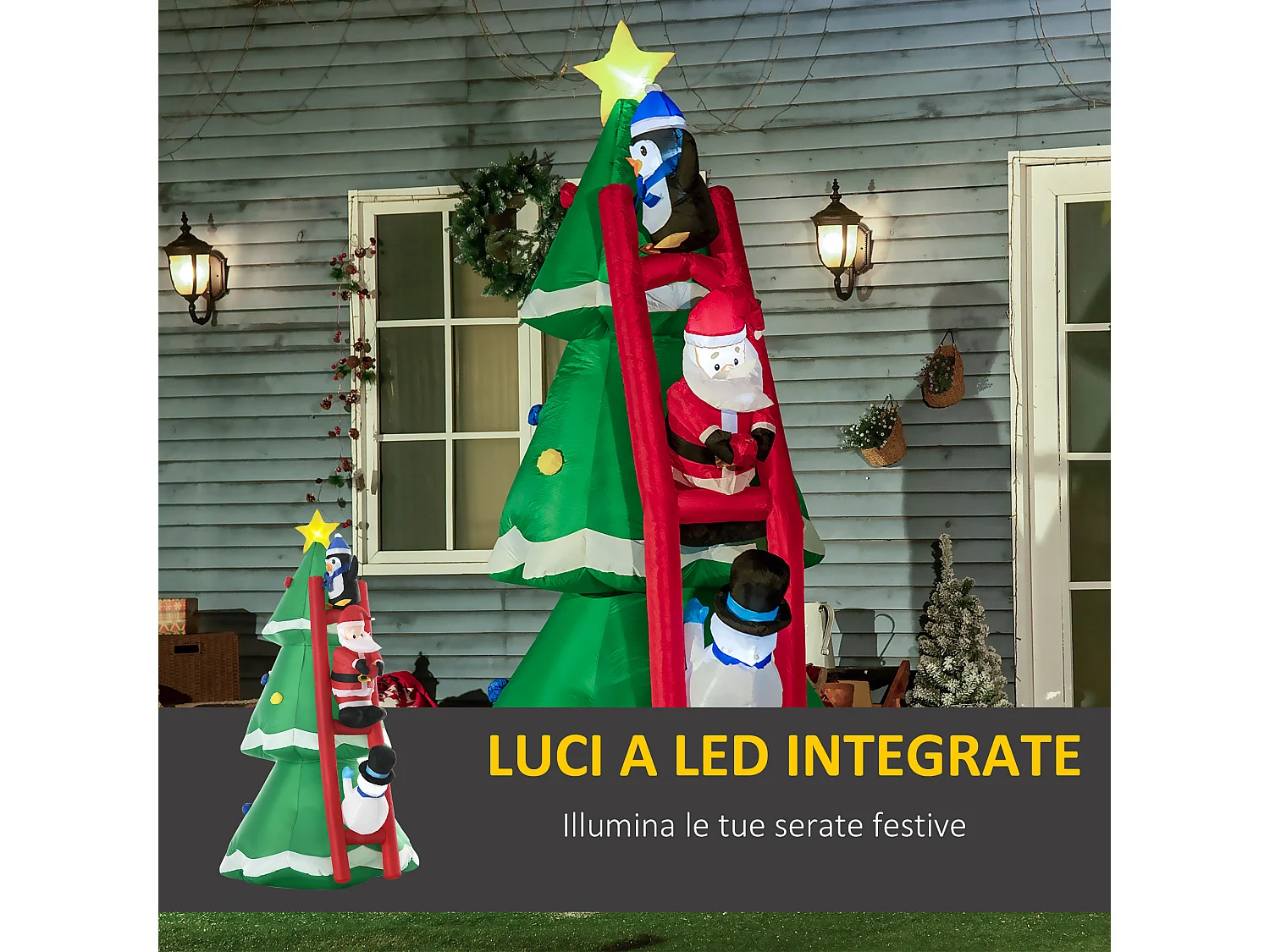 Albero di natale gonfiabile con babbo natale con 7 luci led
