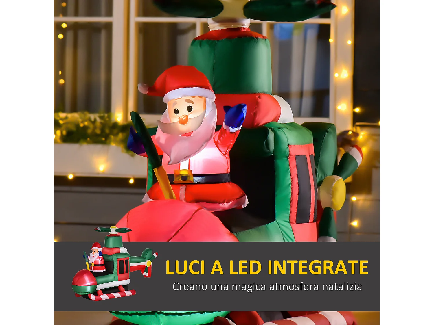 Babbo natale gonfiabile su elicottero con luci led e gonfiatore