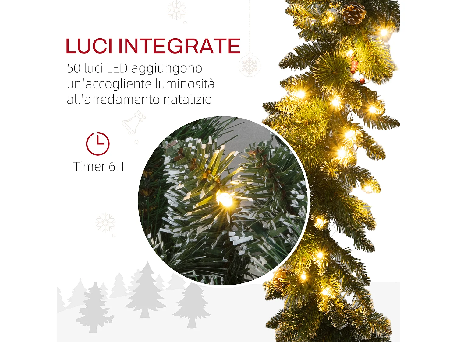 Ghirlanda natalizia da 1.80 m con 50 luci led bianche e decorazioni