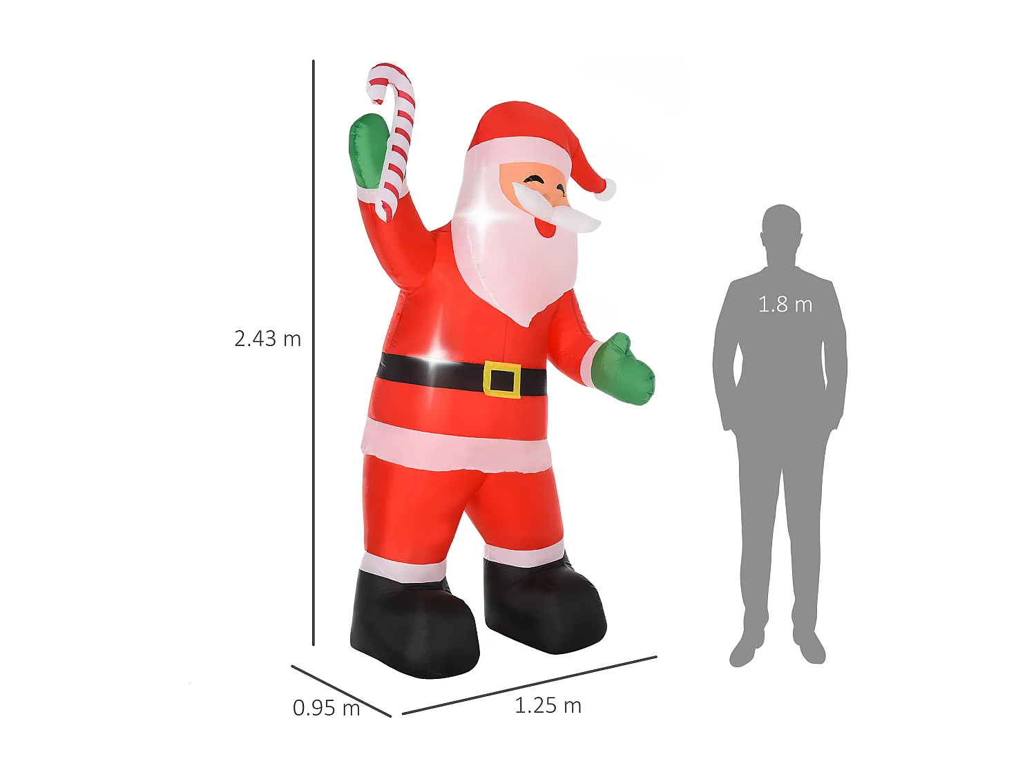 Babbo natale gonfiabile alto 243 cm con bastone di zucchero 2 luci led