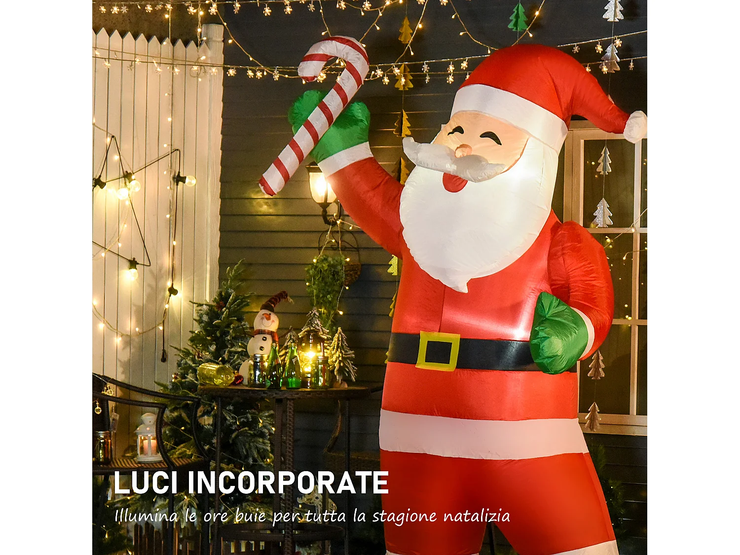 Babbo natale gonfiabile alto 243 cm con bastone di zucchero 2 luci led