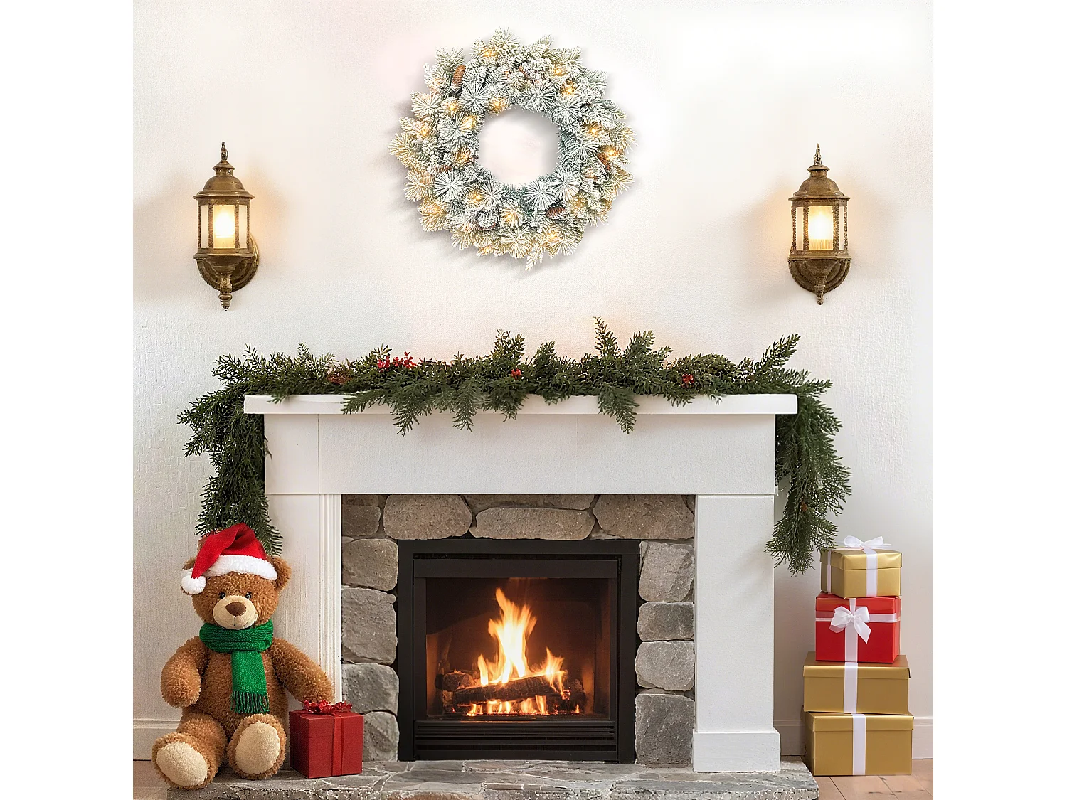 Ghirlanda natalizia da 60 cm con 35 luci led e rami innevati