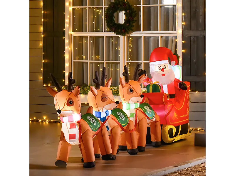 Babbo natale gonfiabile con slitta e 3 renne 6 luci integrate