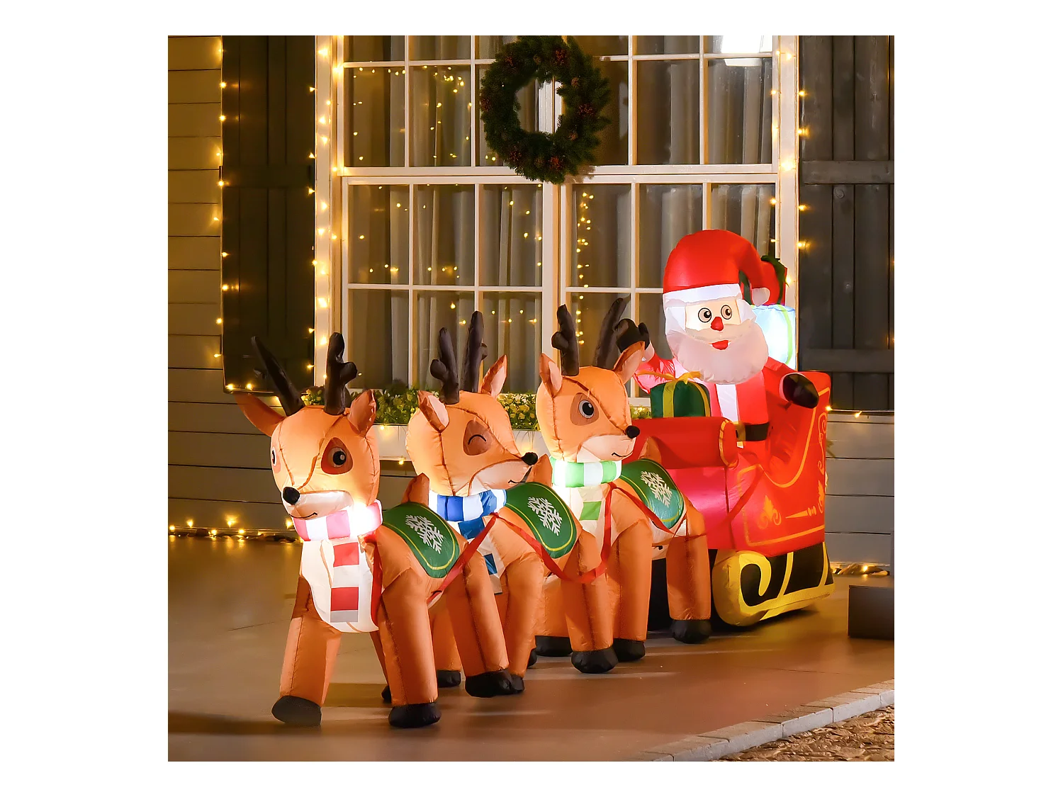 Babbo natale gonfiabile con slitta e 3 renne 6 luci integrate