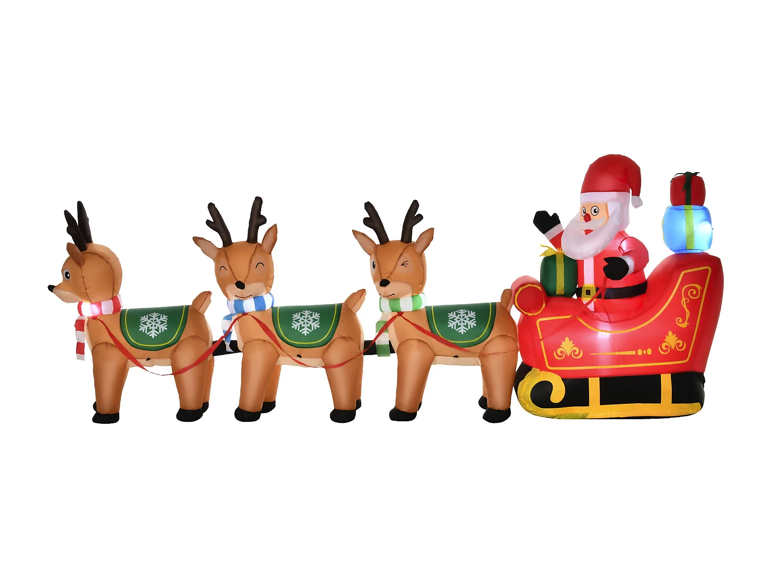 Babbo natale gonfiabile con slitta e 3 renne 6 luci integrate