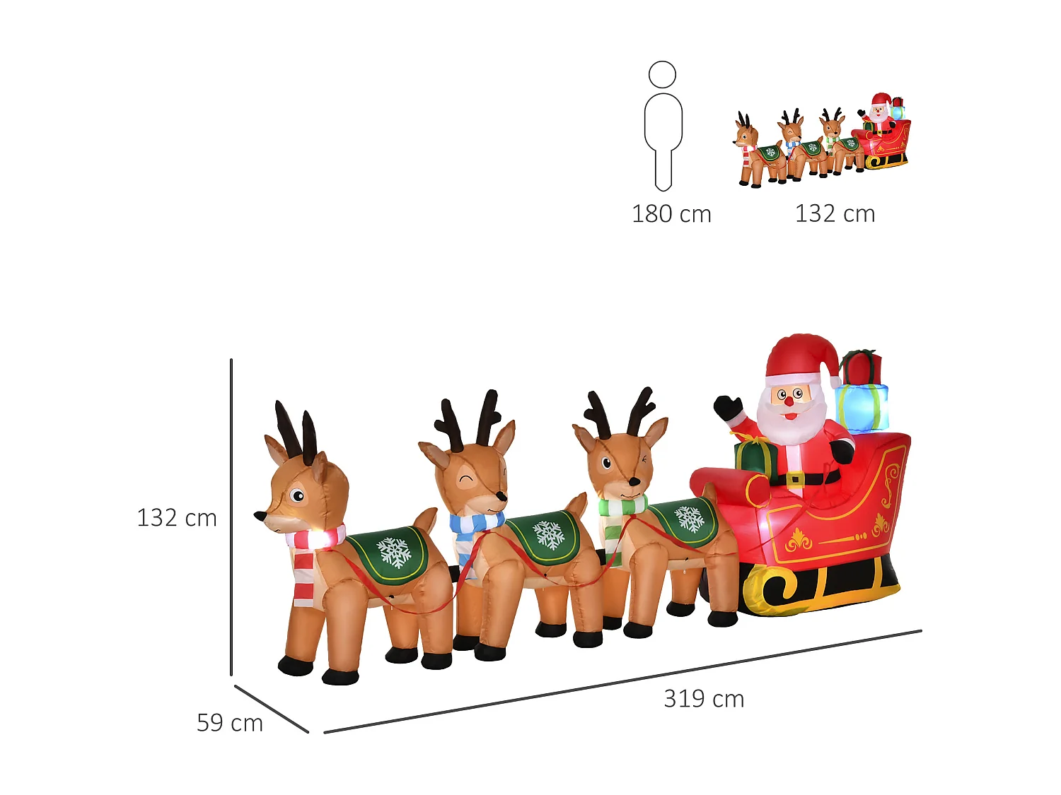 Babbo natale gonfiabile con slitta e 3 renne 6 luci integrate