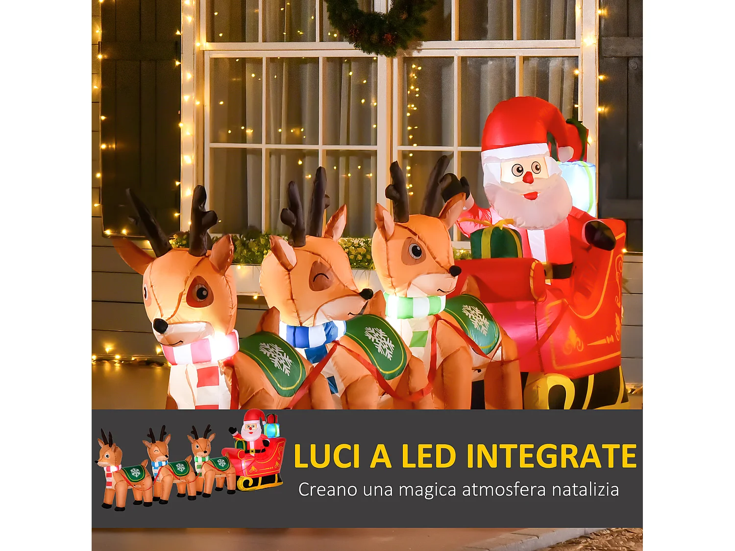 Babbo natale gonfiabile con slitta e 3 renne 6 luci integrate