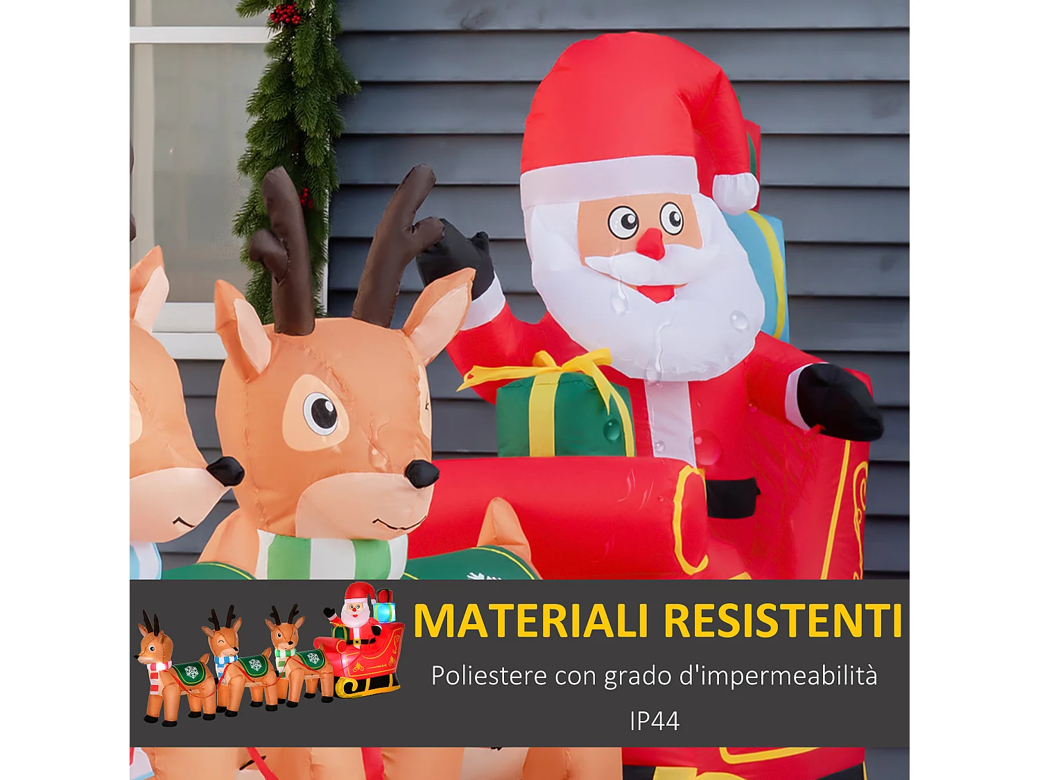Babbo natale gonfiabile con slitta e 3 renne 6 luci integrate