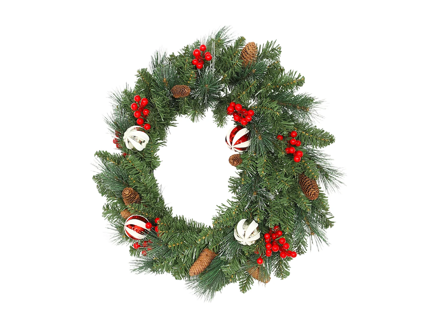 Ghirlanda natalizia da 60 cm innevata con pigne bacche e palline