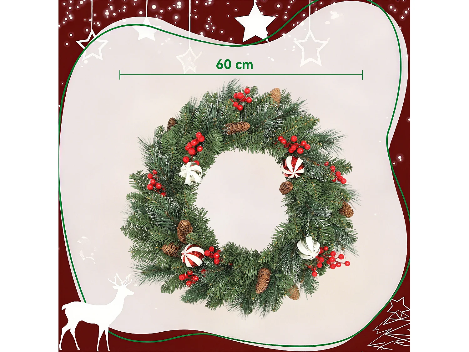 Ghirlanda natalizia da 60 cm innevata con pigne bacche e palline