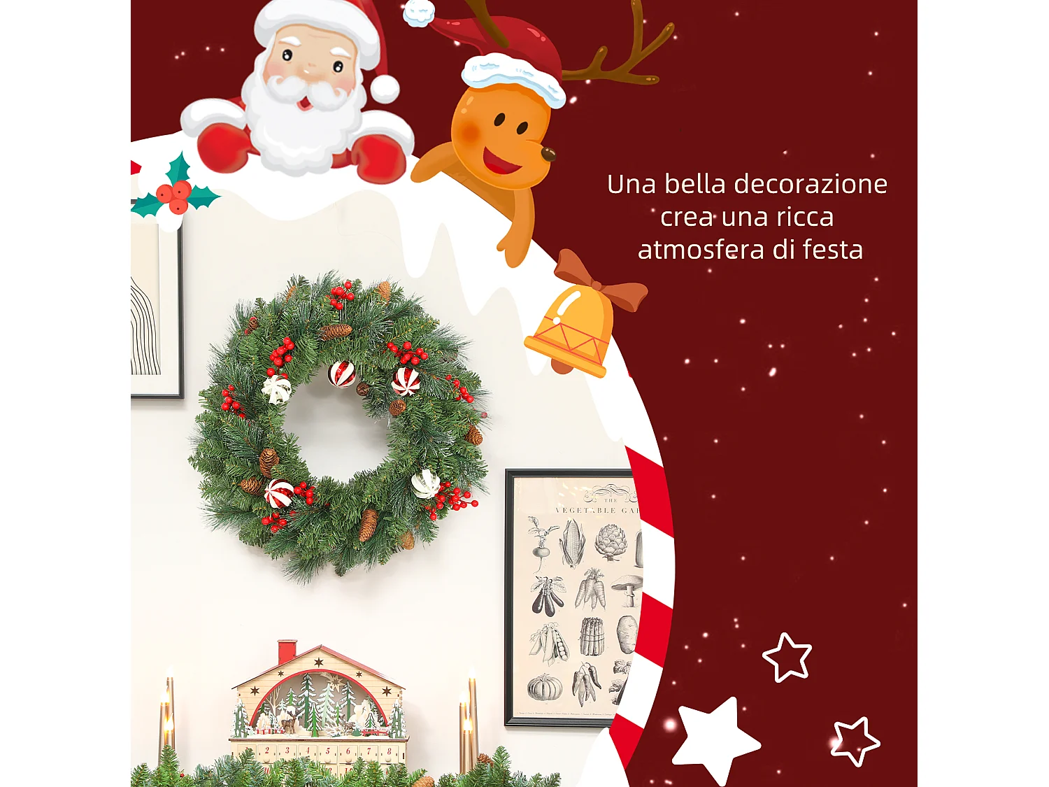 Ghirlanda natalizia da 60 cm innevata con pigne bacche e palline