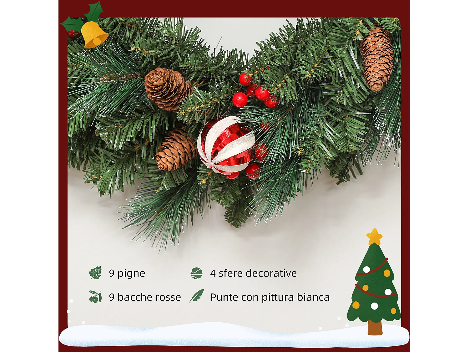 Ghirlanda natalizia da 60 cm innevata con pigne bacche e palline