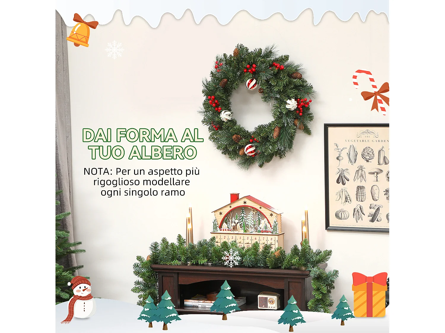 Ghirlanda natalizia da 60 cm innevata con pigne bacche e palline