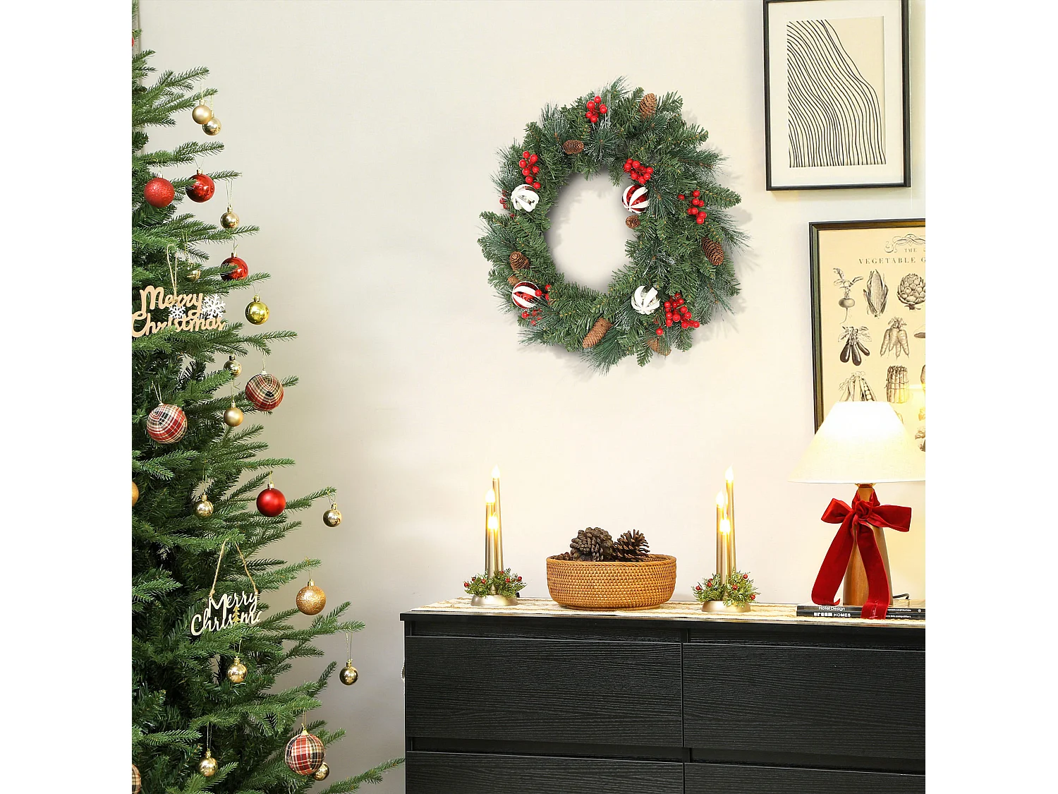 Ghirlanda natalizia da 60 cm innevata con pigne bacche e palline