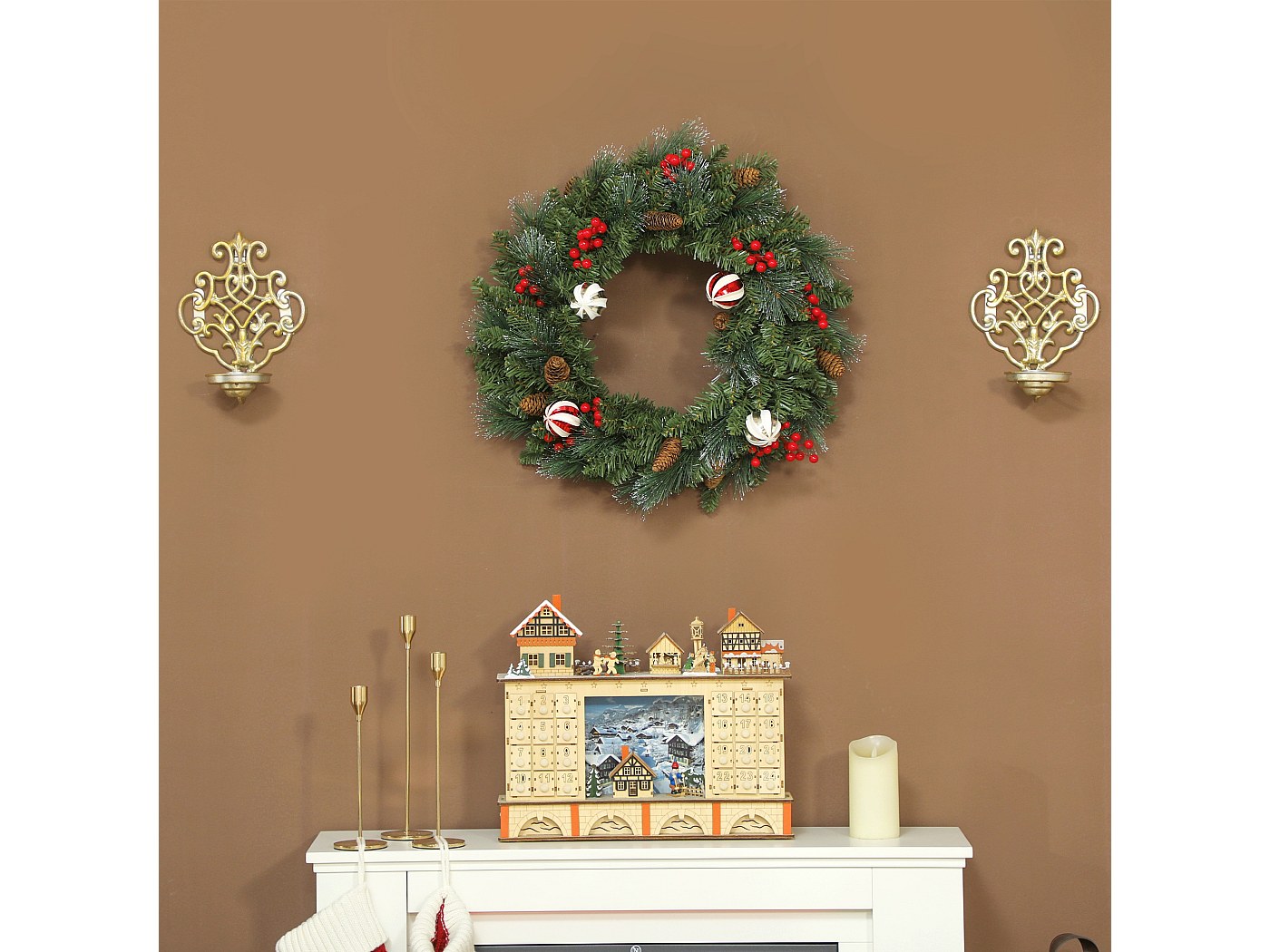 3 Pezzi Ghirlande Natalizie con Pigne e Bacche Rosse, Decorazione Floreale da Ta