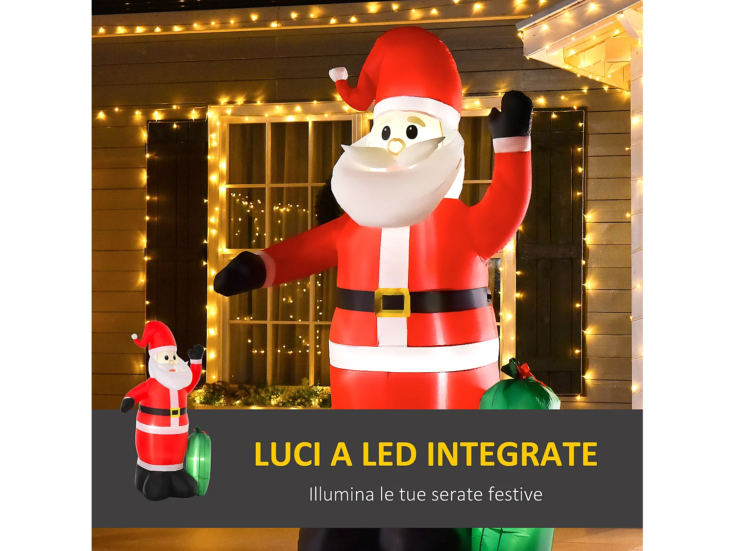 Babbo natale gonfiabile luminoso alto 240 cm con sacco regalo luci led