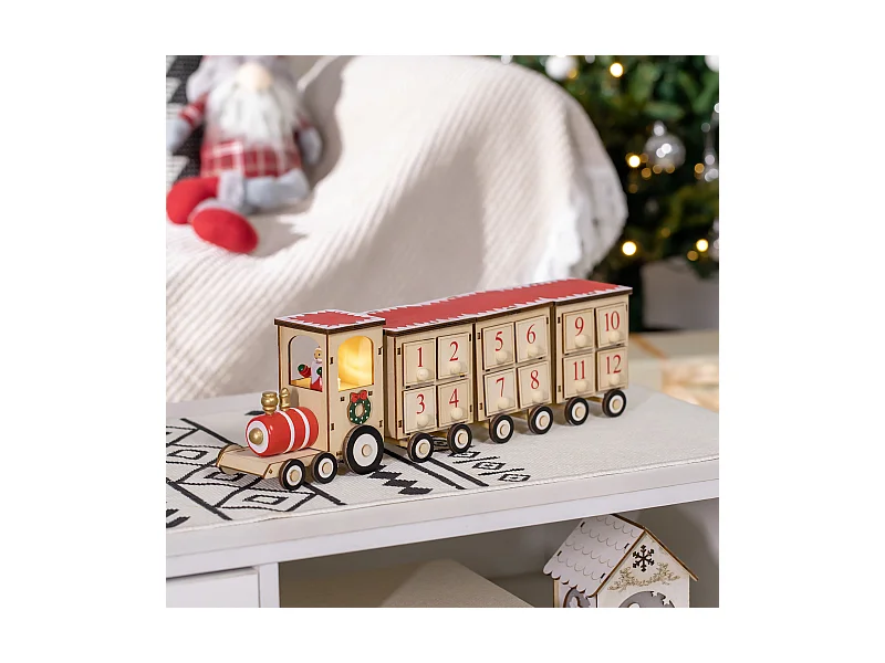Calendario avvento in legno a forma di treno con babbo natale
