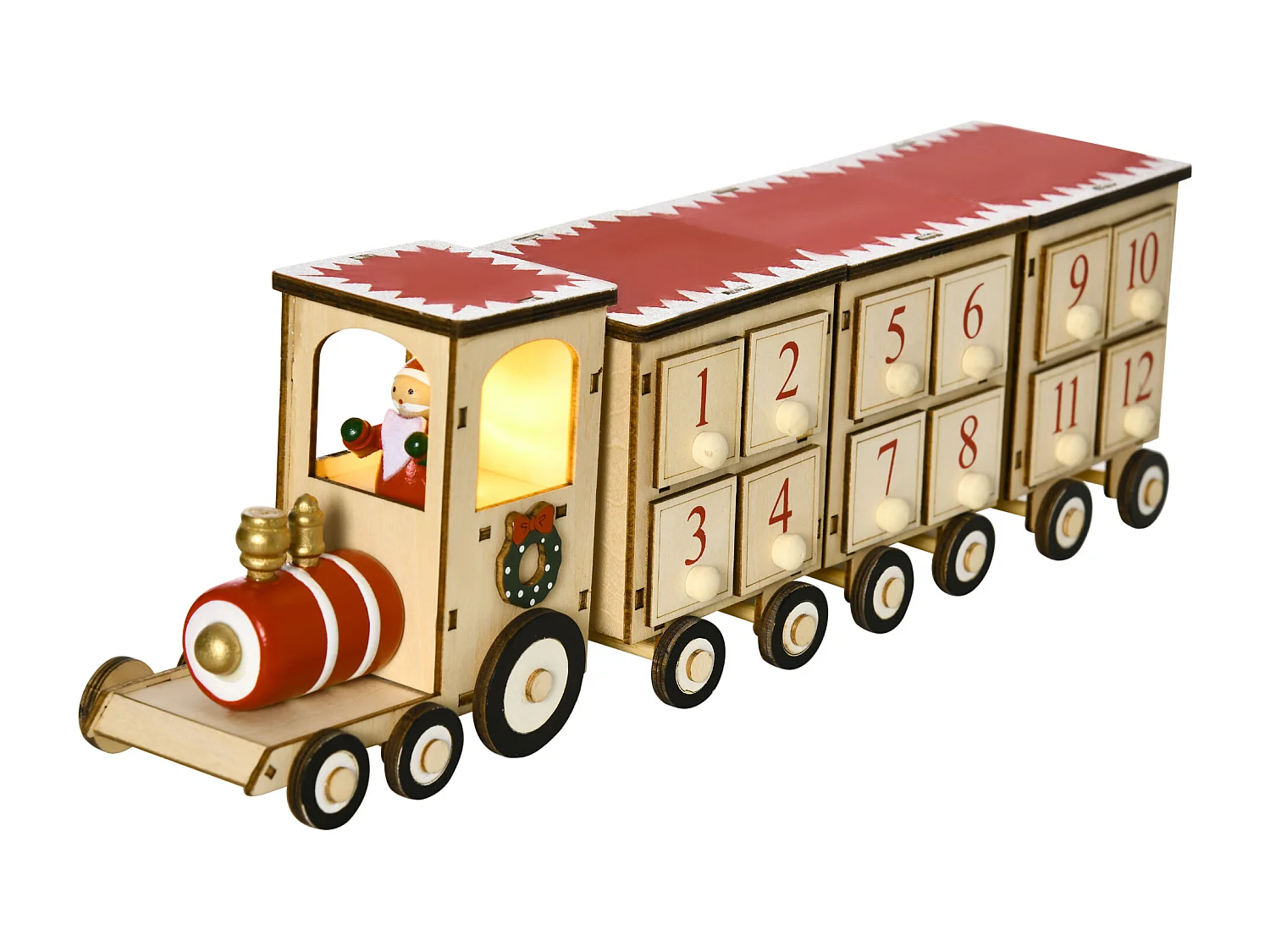 Calendario avvento in legno a forma di treno con babbo natale