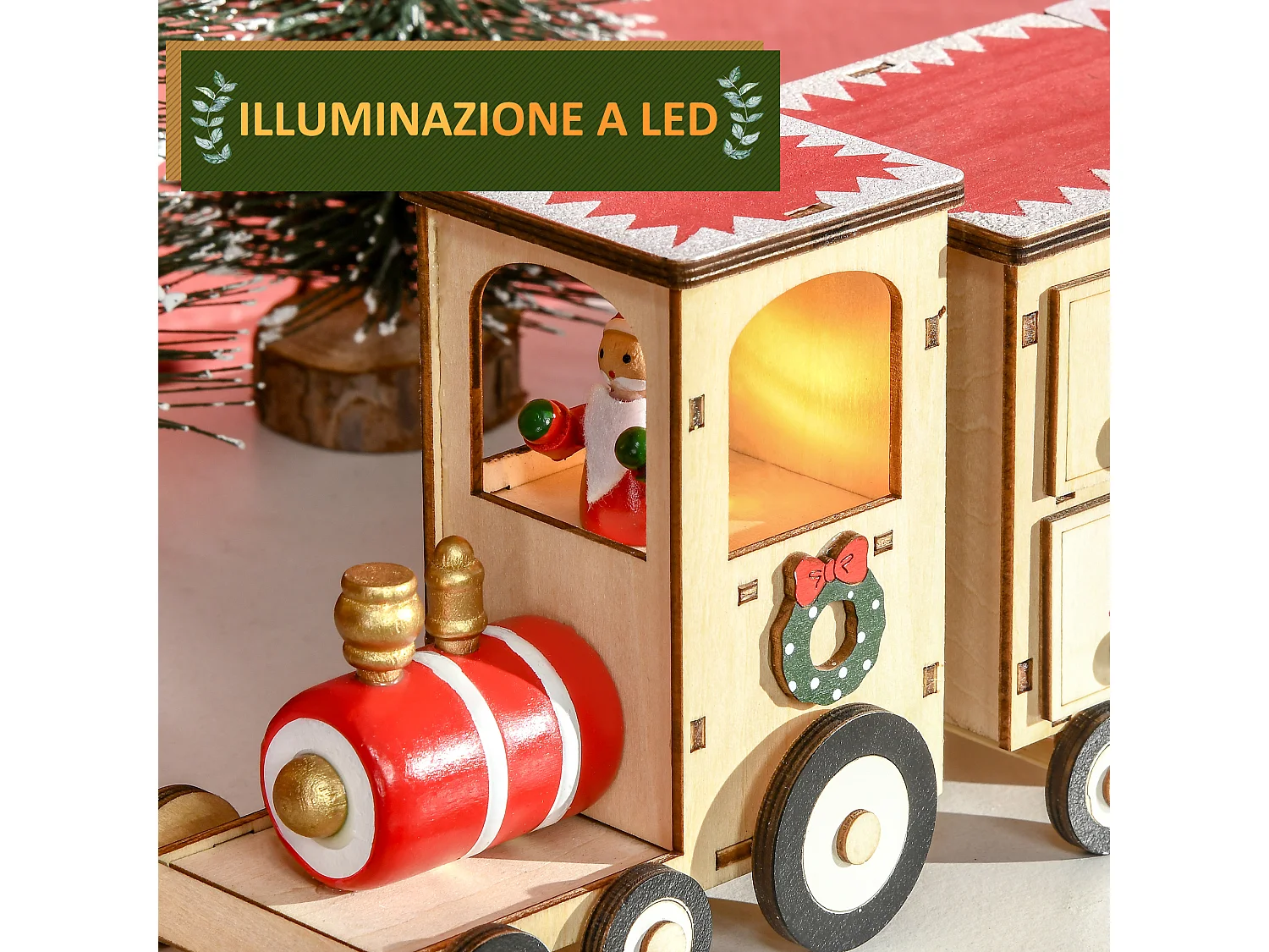 Calendario avvento in legno a forma di treno con babbo natale