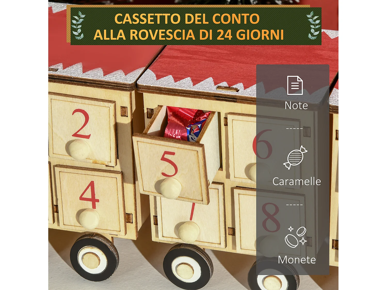 Calendario avvento in legno a forma di treno con babbo natale