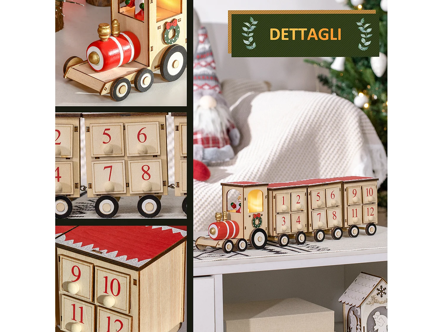 Calendario avvento in legno a forma di treno con babbo natale