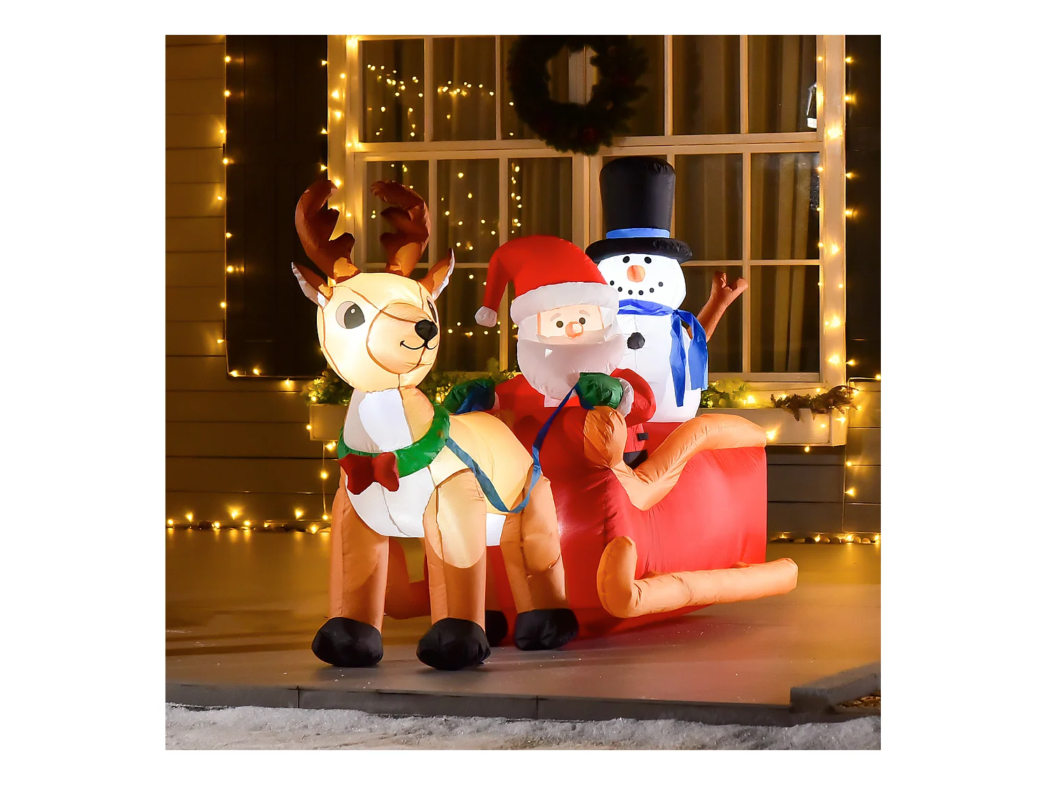 Babbo natale con slitta renna pupazzo di neve gonfiabile e luci