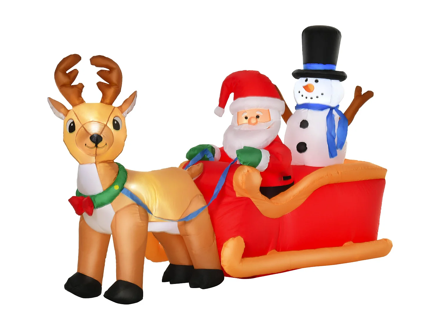 Babbo natale con slitta renna pupazzo di neve gonfiabile e luci