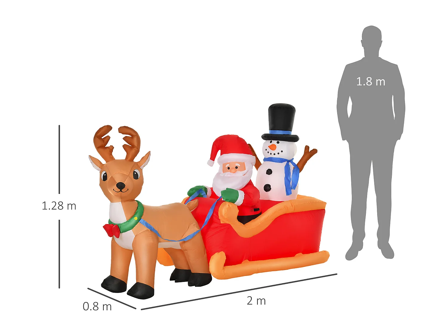 Babbo natale con slitta renna pupazzo di neve gonfiabile e luci
